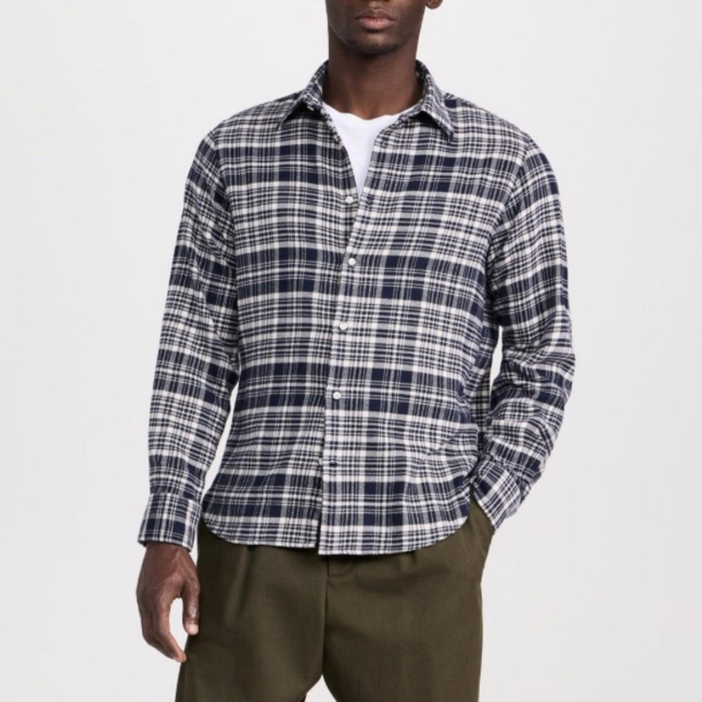Officine Générale Giacomo Twill Check Shirt in Écru/Navy, Size S, NEW