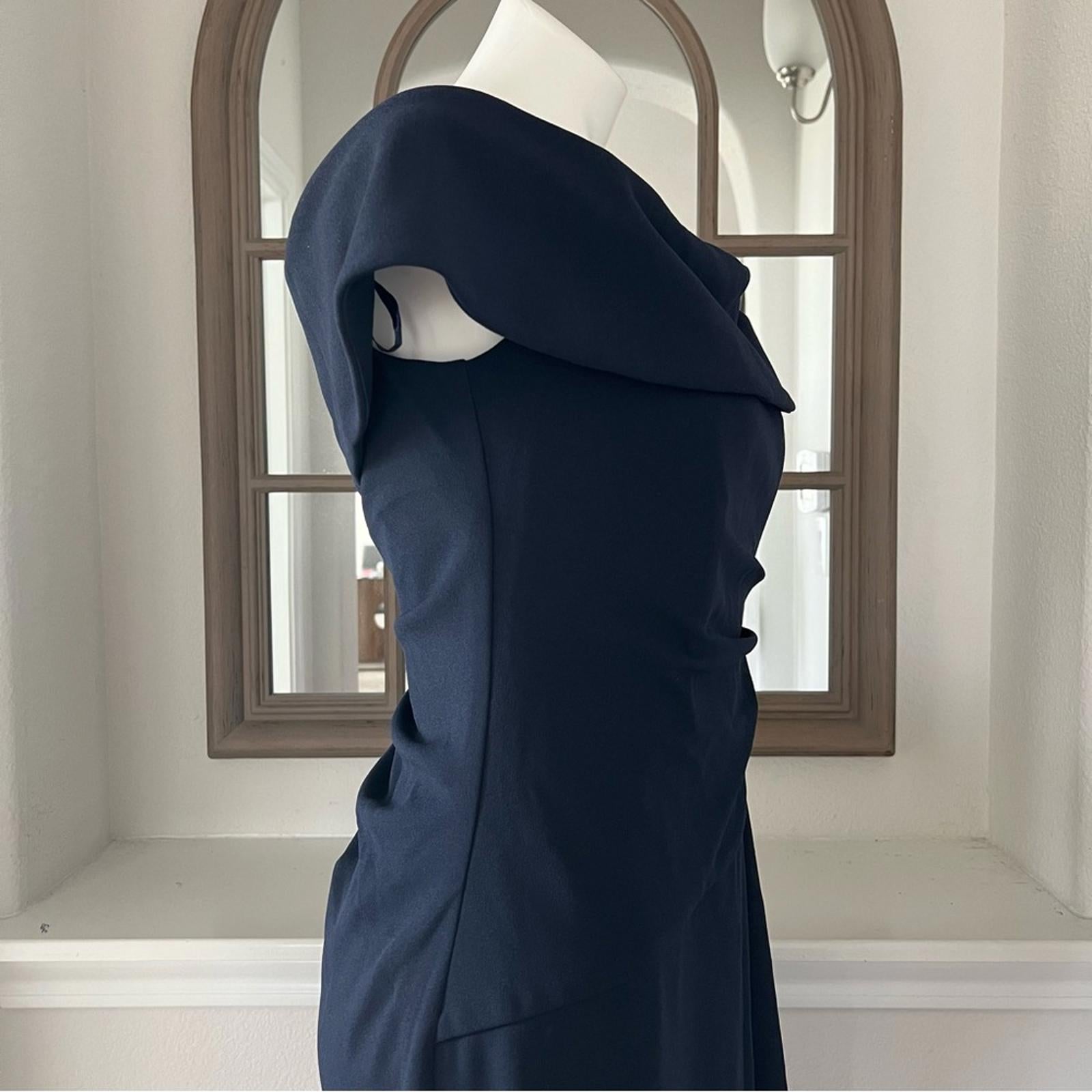 NEW Xscape Off-The-Shoulder Maxi Formal Evening Gown in Navy, Petite Size 12 NWT