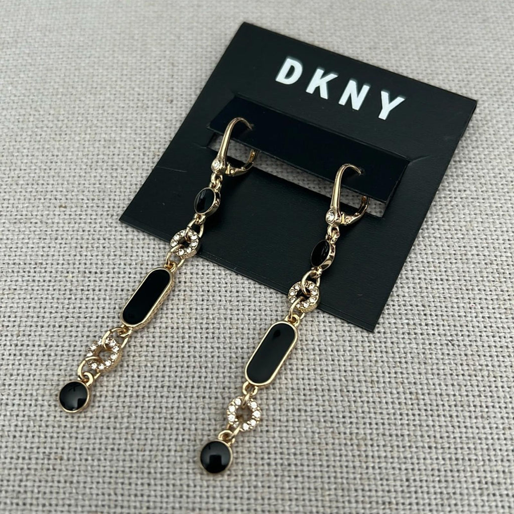 DKNY Gold-Tone Pave Circle & Jet Resin Linear Drop Earrings Black/Gold New w/Tag
