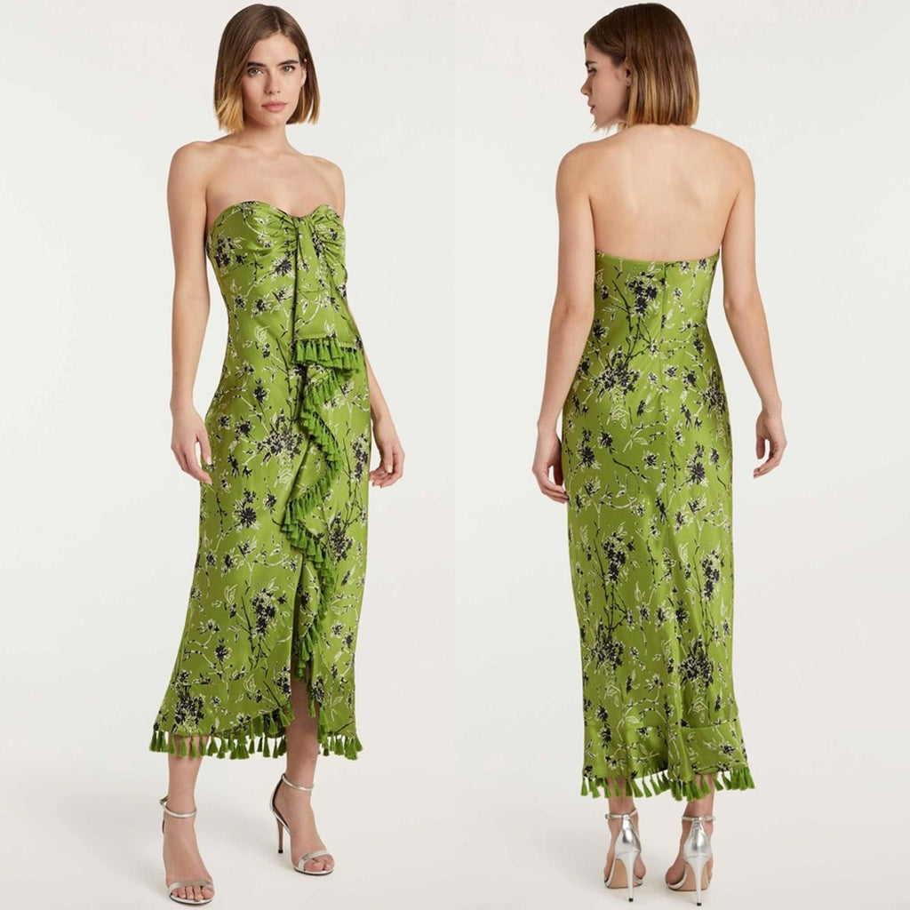 Cinq à Sept Elise Silk Strapless Wildflower Ruffle Tassel Dress, NWT, Size 0