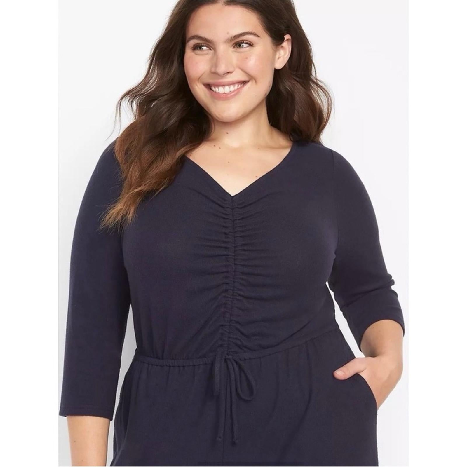 LANE BRYANT NWT Ruched V-Neck Hacci 3/4 SLV Weekend/Lounge Navy Jumpsuit 14/16