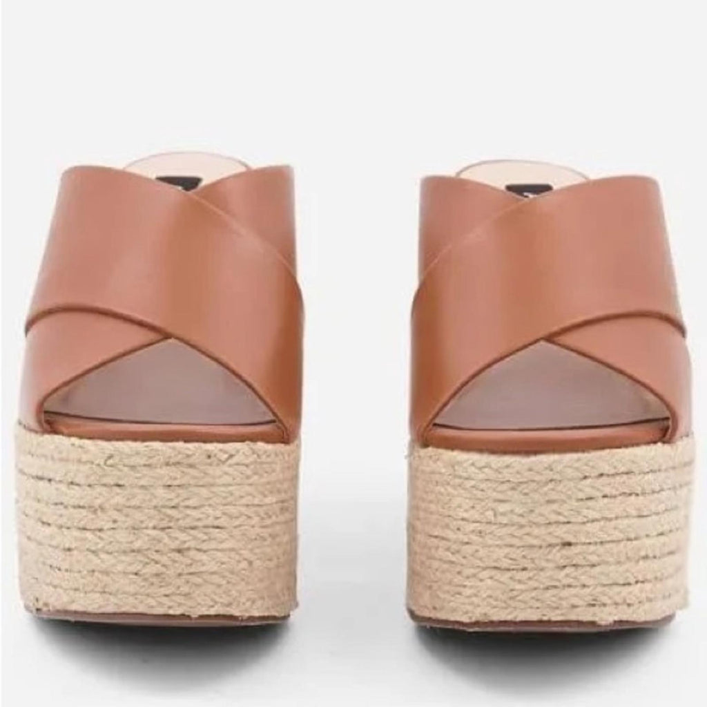 Bloomingdale’s Aqua July Platform Slide Sandals in Cognac, Size 8 New in Box