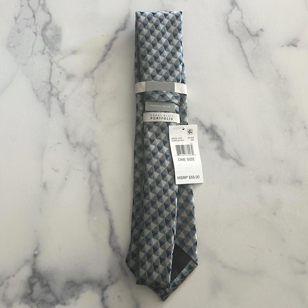 Perry Ellis Men's Dunstan Geometric Print Tie Silver Necktie, One Size New w/Tag