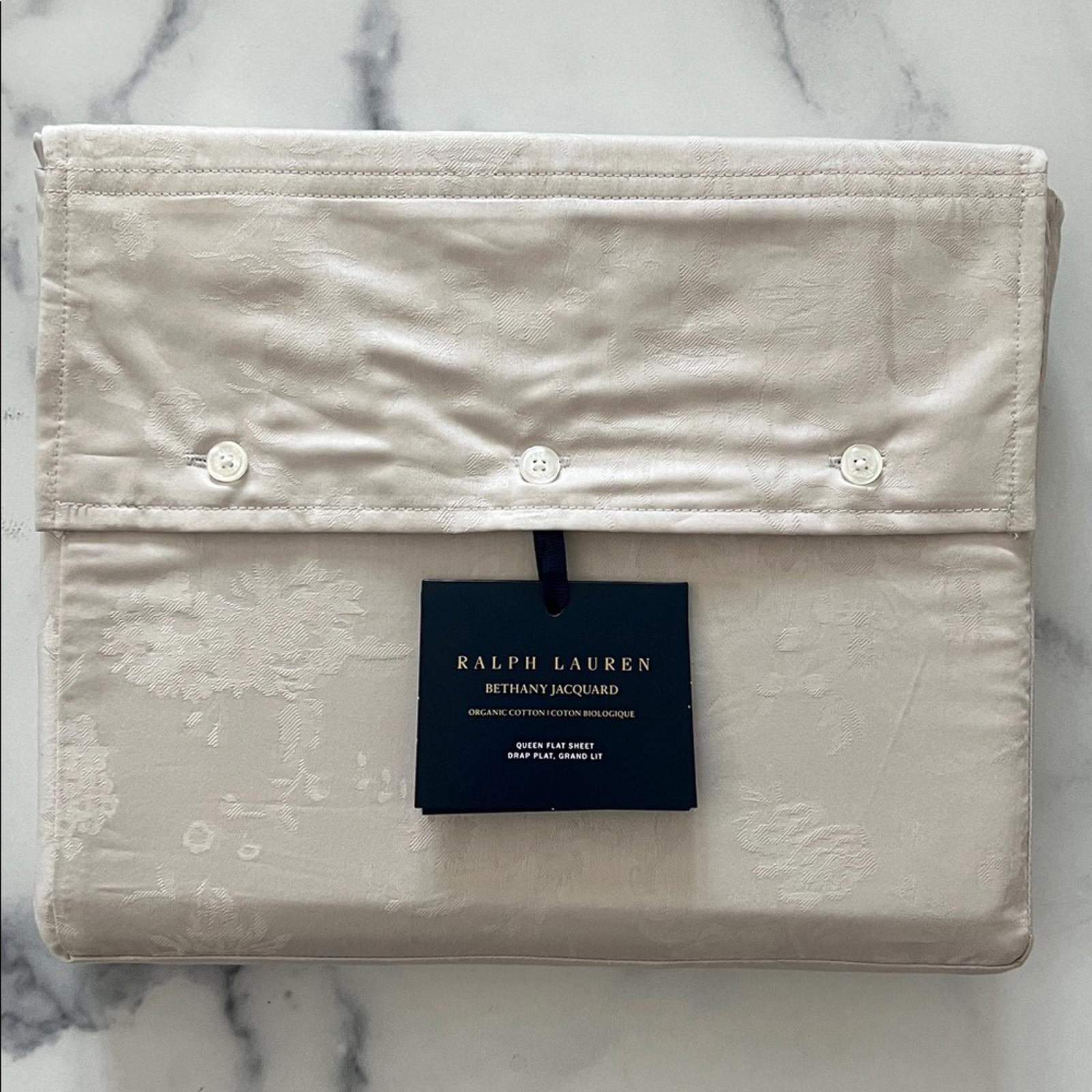 Ralph Lauren Home Organic Cotton Bethany Jacquard Silver Queen Flat Sheet, NWT