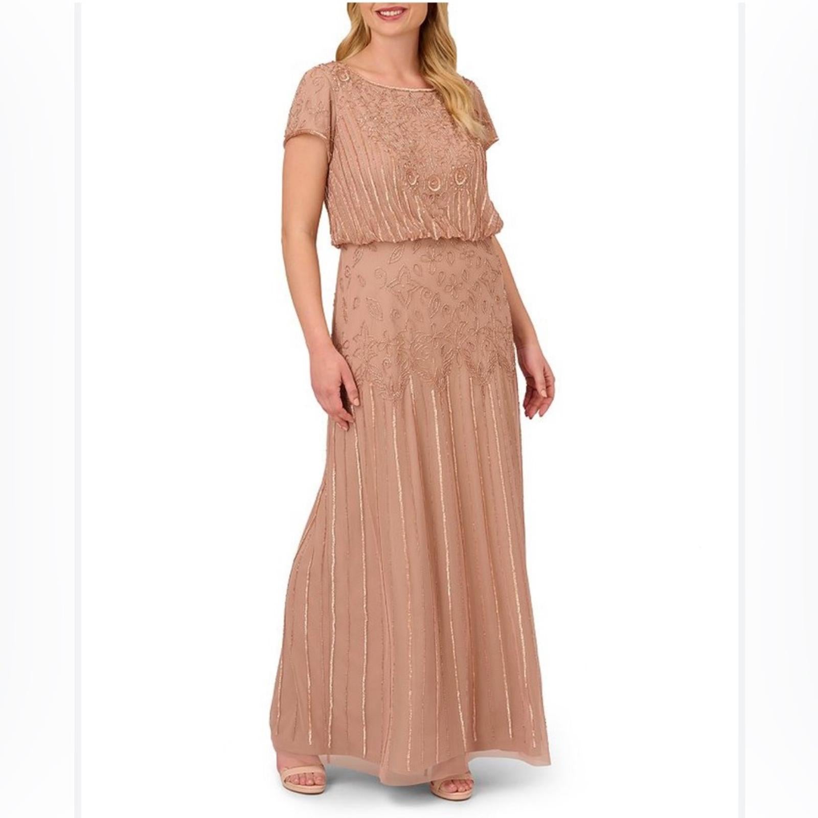 Adrianna Papell Short Sleeve Beaded Gown, Rose Gold Plus Size 20W New w/Tag