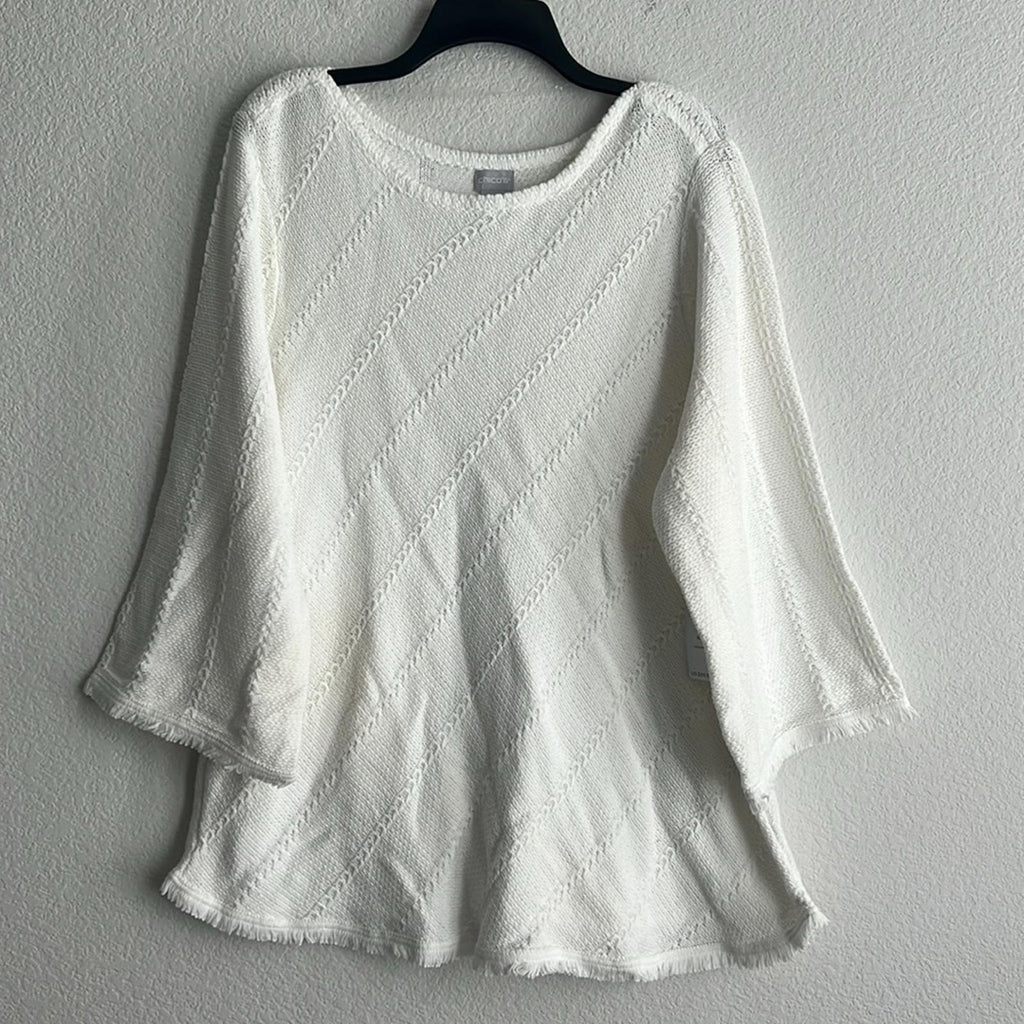 Chico's Crew Neck Fringe Hem Sweater V-Neck in Alabaster/White, NWT, Size 4/XXL