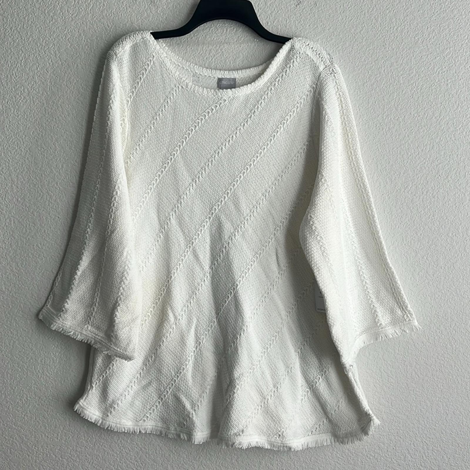 Chico's Crew Neck Fringe Hem Sweater V-Neck in Alabaster/White, NWT, Size 4/XXL