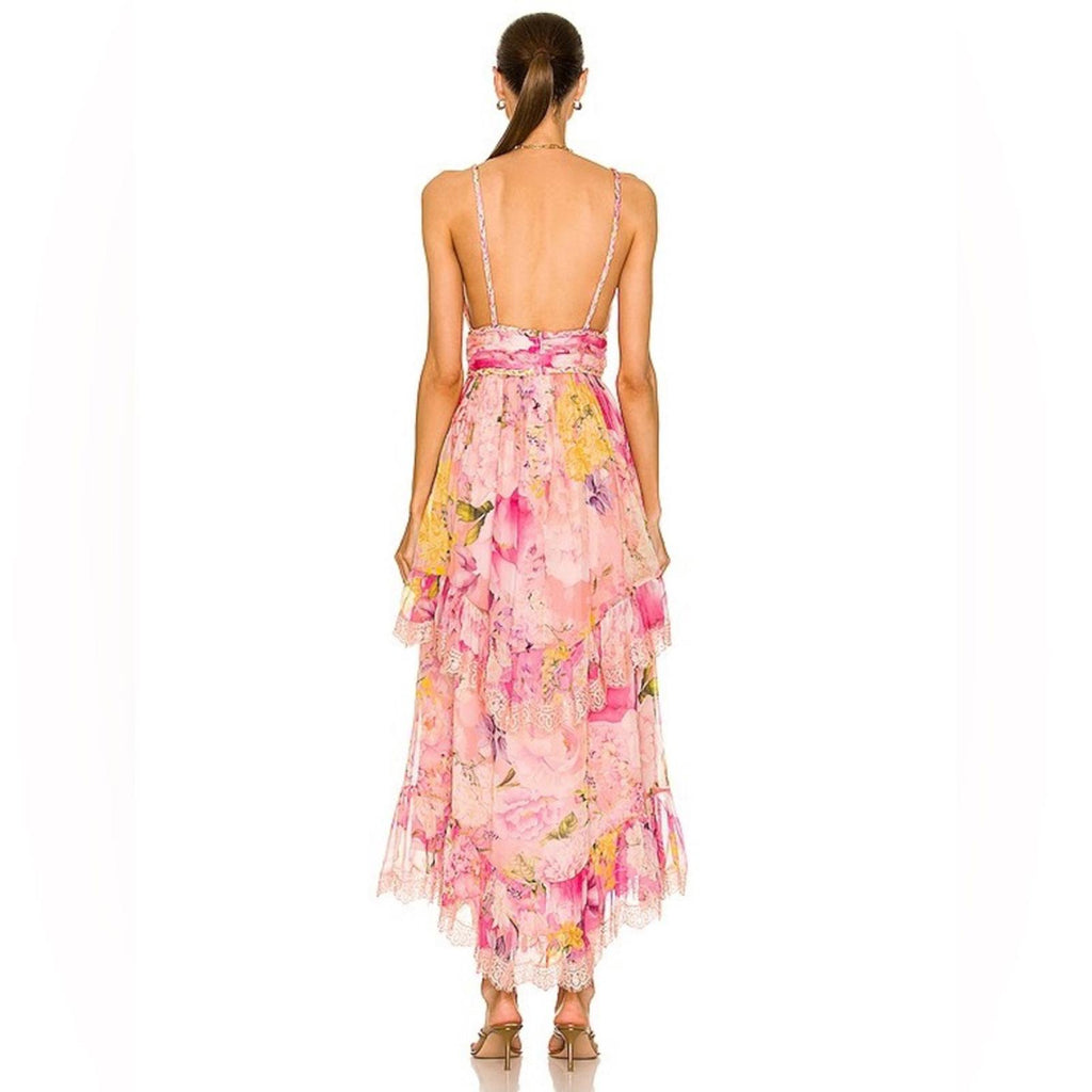 Rococo Sand x Revolve Leona Low Back Maxi Dress in Peach/Pink Floral Size L NWT