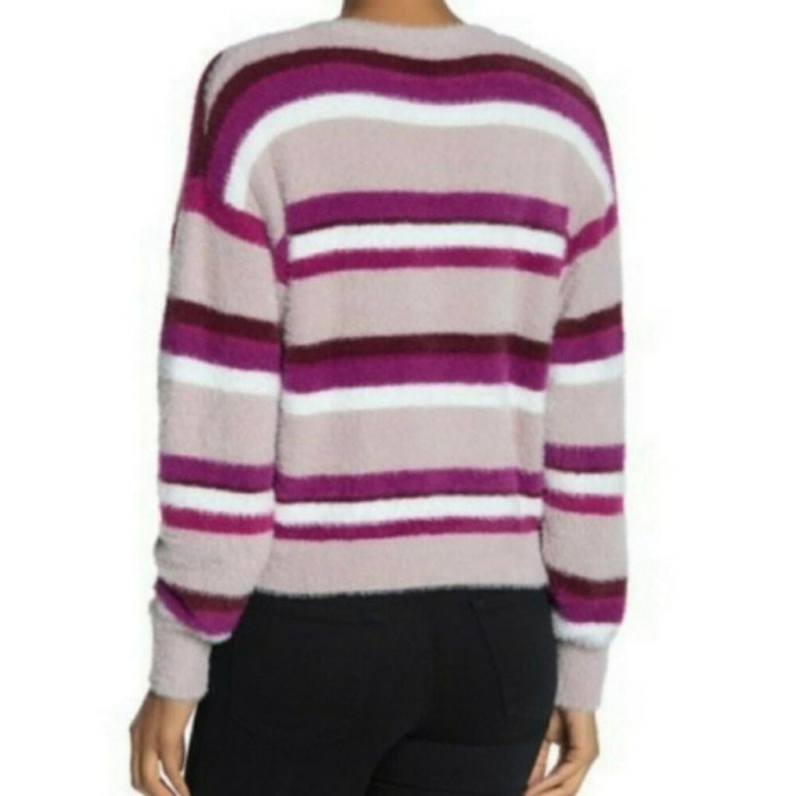 Splendid Striped Plush V-Neck Sweater in Lilac Burgundy, Size M New w/Tag