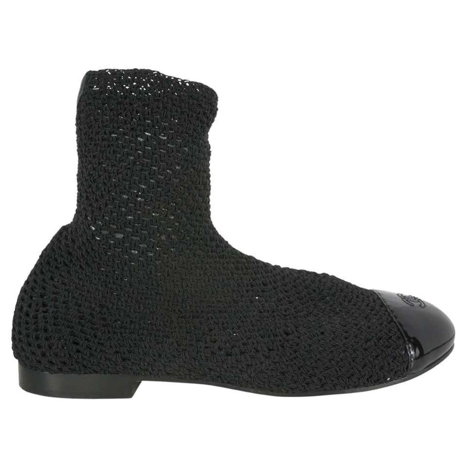 Rare CHANEL Crochet Patent Leather Cap Toe Sock Booties in Black, Size 35
