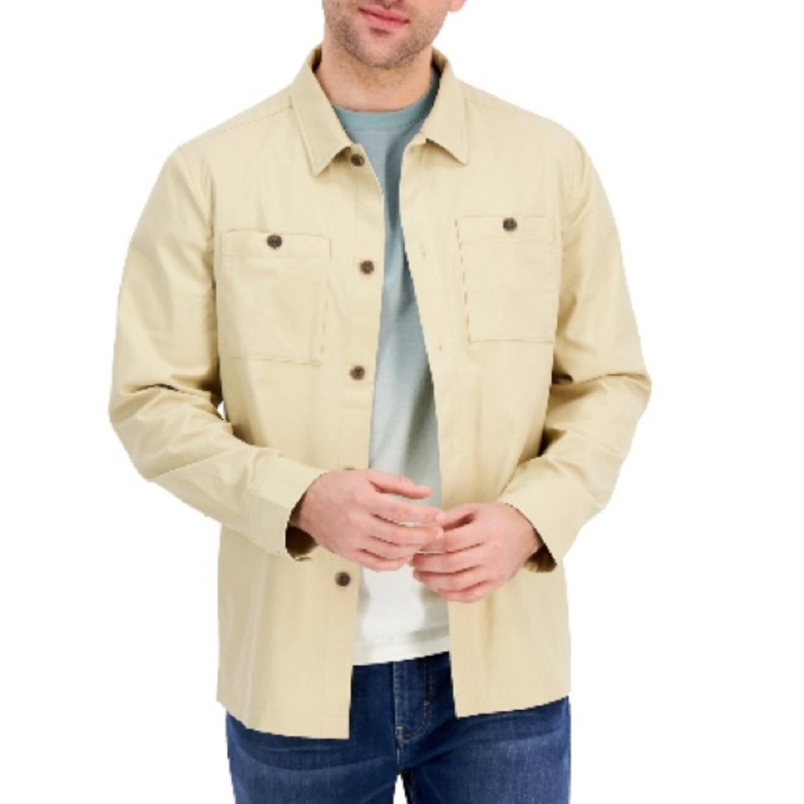 Alfani Men's Regular-Fit Beige Long-Sleeve Twill Overshirt, NWT, Size XL $120
