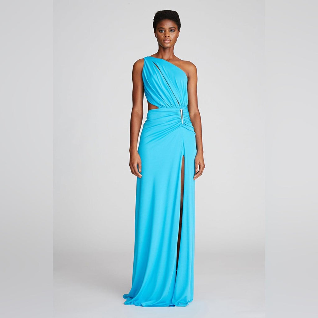 Halston Ivanna Gathered Asymmetric Cut-Out Gown, Aqua/Blue Size 4 New w/Tag