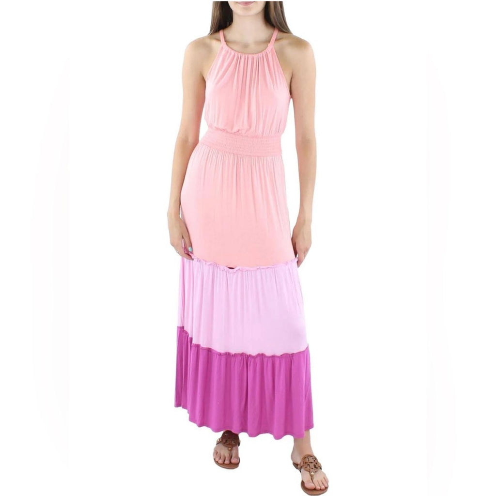 Adyson Parker Color Block Sleeveless Tiered Maxi Dress, Neon Peach Combo NWT