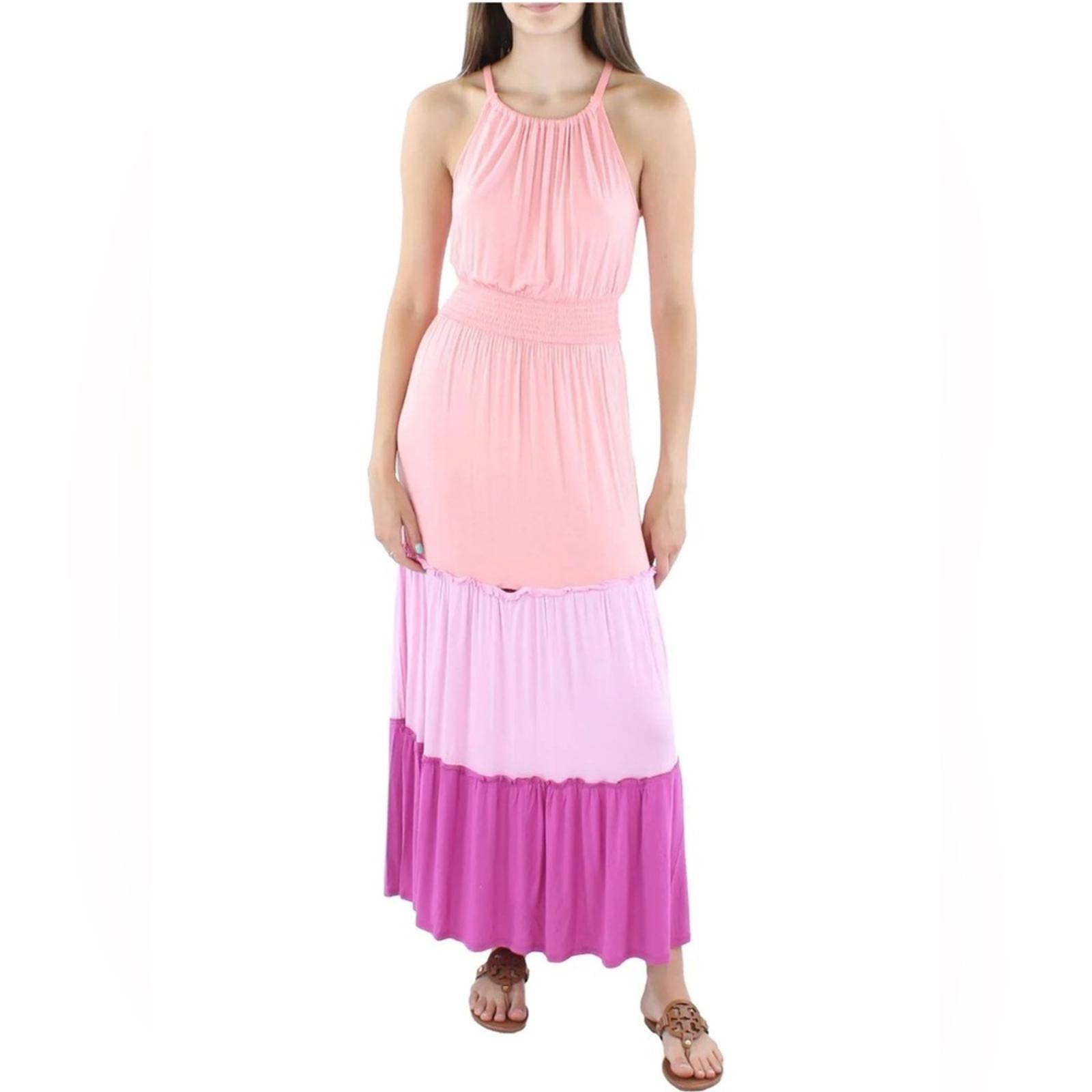 Adyson Parker Color Block Sleeveless Tiered Maxi Dress, Neon Peach Combo NWT
