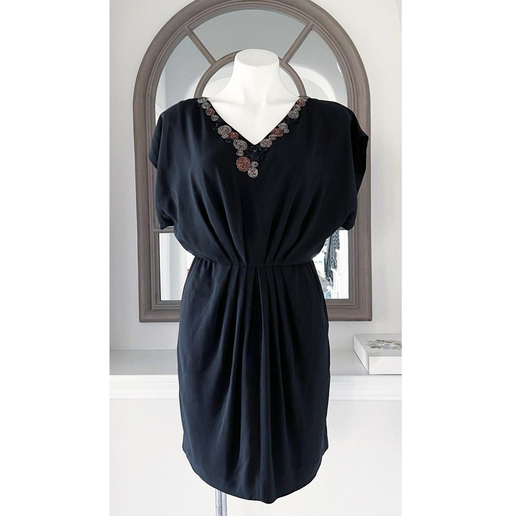 Trina Turk Black Mini Dress w/Beaded V-Neck, Size 2 Excellent!