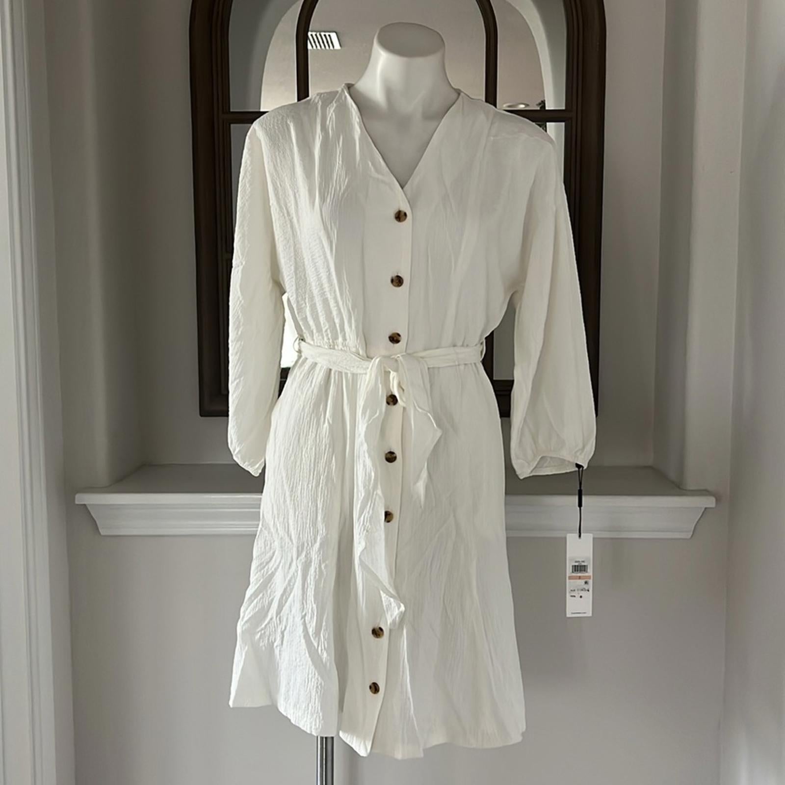 NEW Calvin Klein Button-Down Belted Shirtdress w/Pockets, White Size 2 NWT $134
