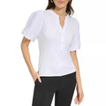 DKNY Puff-Sleeve Ribbed Henley Shirt in White, NWT, Size S