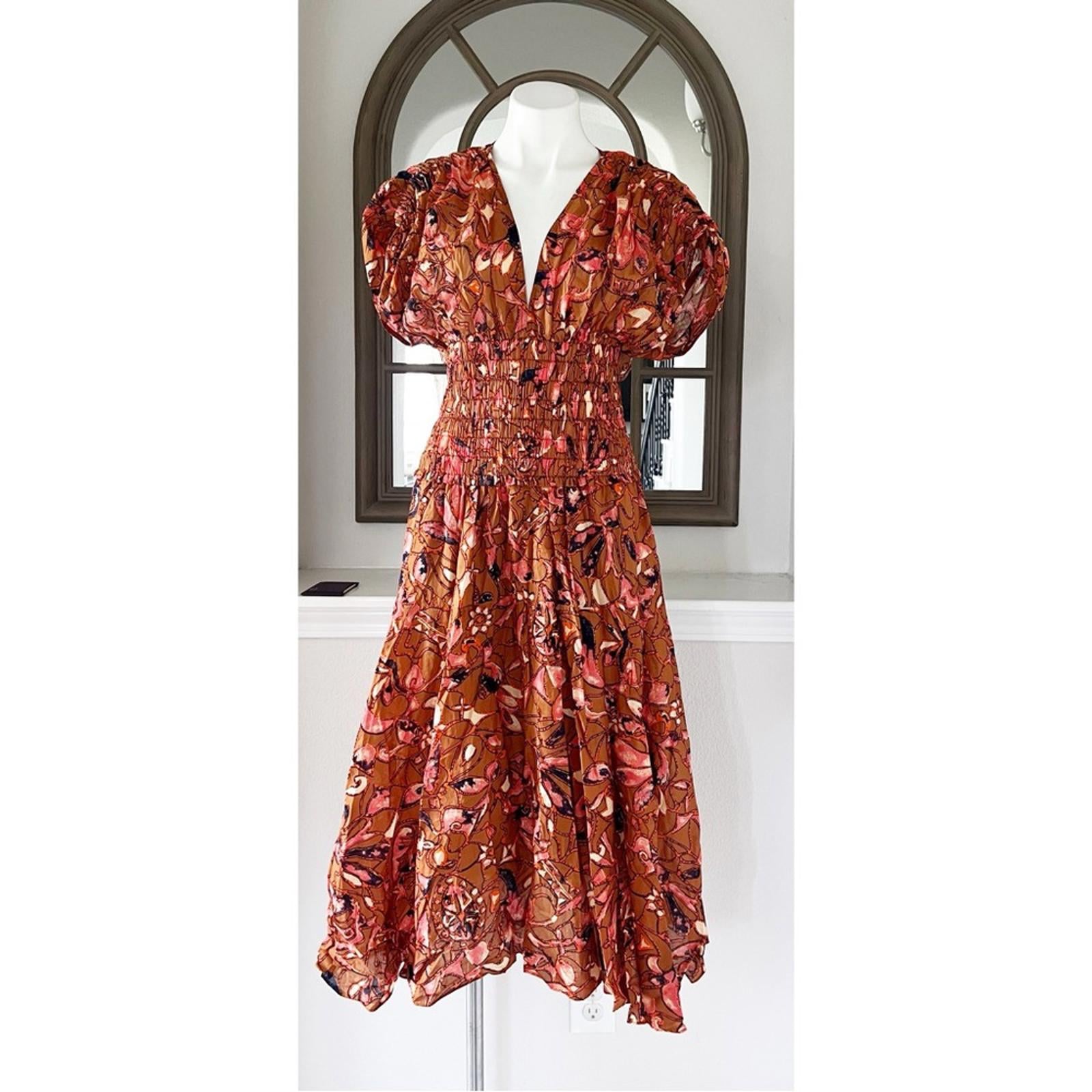 A.L.C. Lucia Floral V Neck Smocked Waist A-Line Midi Dress, Size 2 New w/Tag