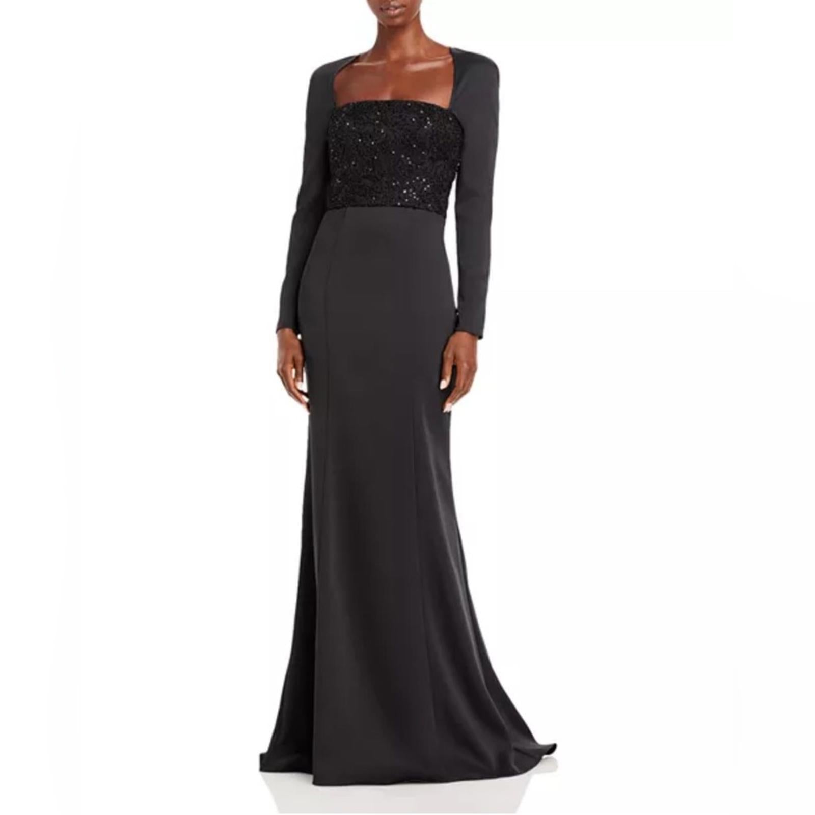 Amsale Sequined Beaded Bodice Gown, Stretch Crepe in Black, Size 10 NEW w/Tag