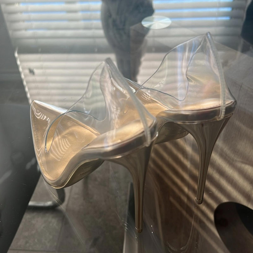 Jessica Rich Fancy Stiletto Clear Vinyl Pumps, Gold Size 39 New in Box + DustBag