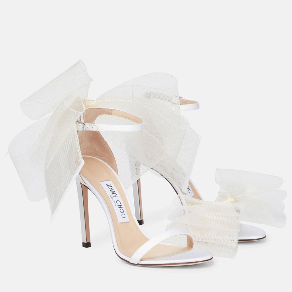 Jimmy Choo Aveline 100 Sandals w/Asymmetric Grosgrain Mesh Fascinator Bows NEW