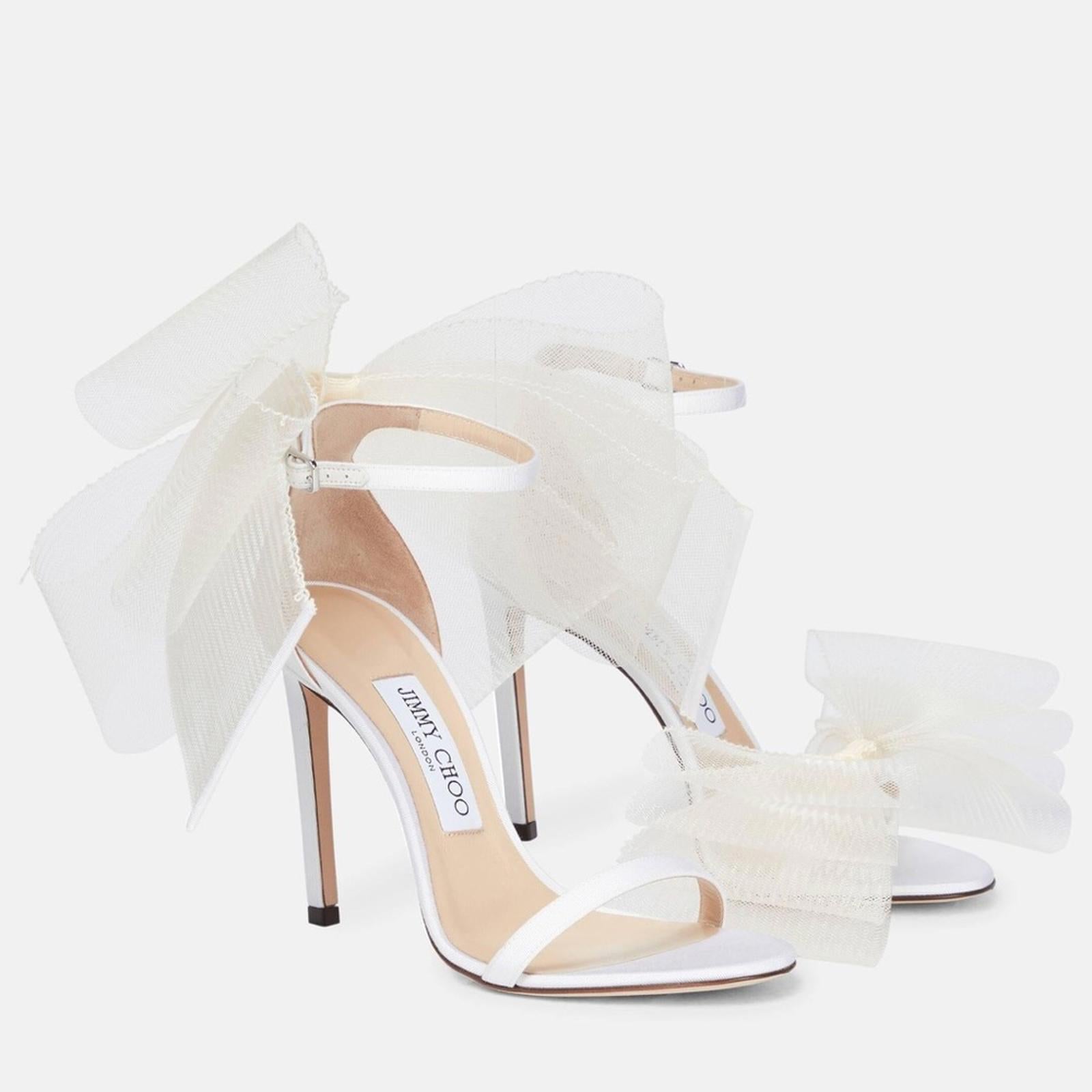 Jimmy Choo Aveline 100 Sandals w/Asymmetric Grosgrain Mesh Fascinator Bows NEW