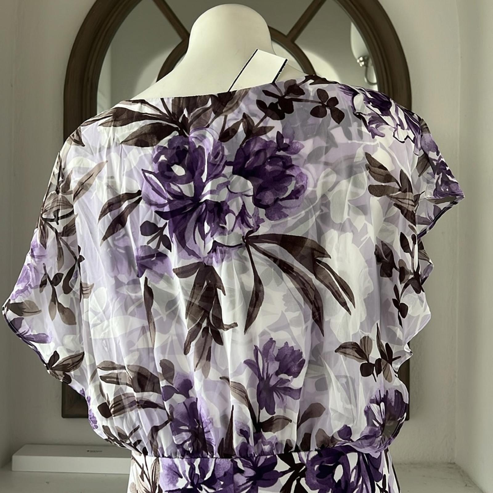 Connected Apparel Daphne Lavender Floral Chiffon Popover Dress, Petite Size 14