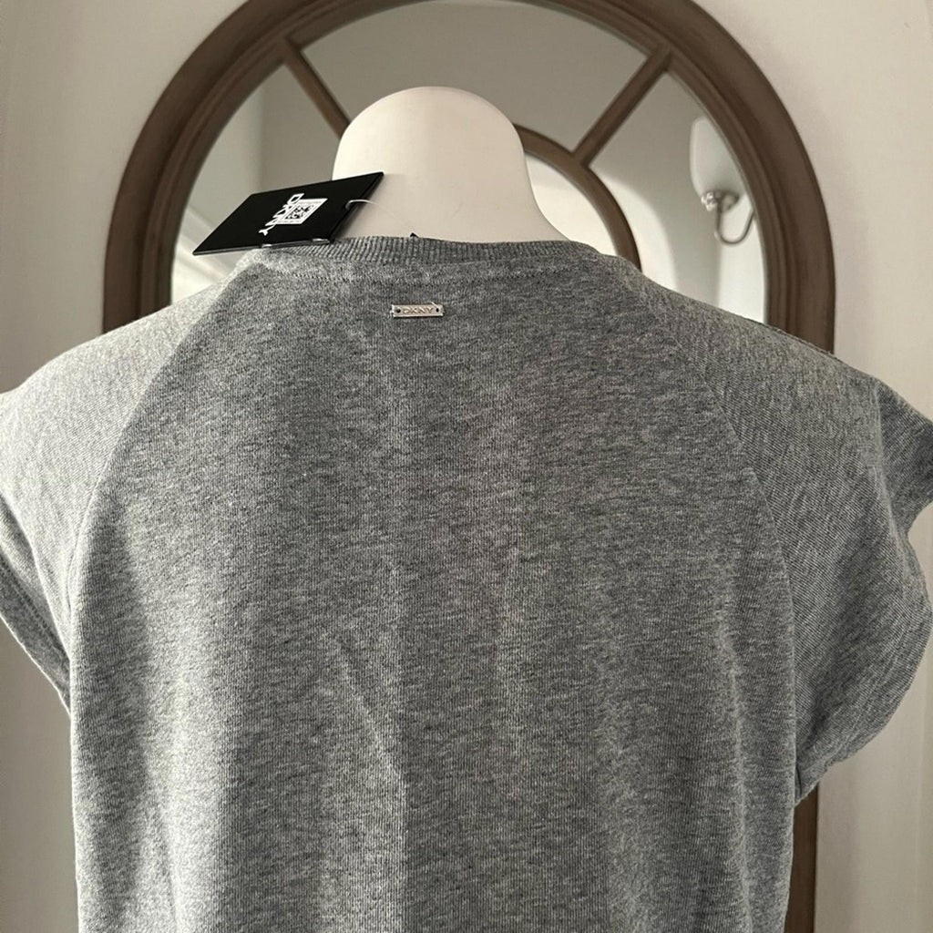 DKNY Lace Drawstring-Waist Crewneck Short Shift Dress Heather Grey, NWT, Size M