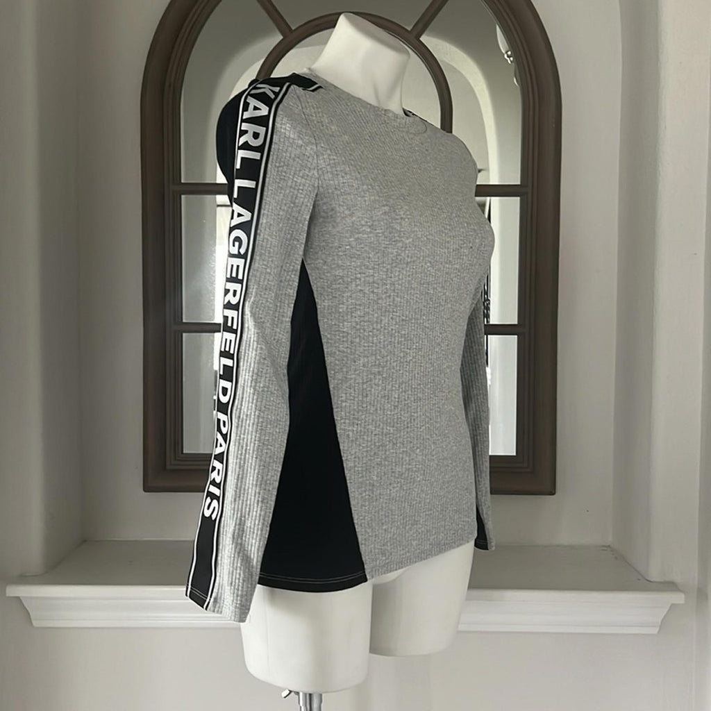 Karl Lagerfeld Paris Logo Tape Long Sleeve Tee, Grey Size S New w/Tag
