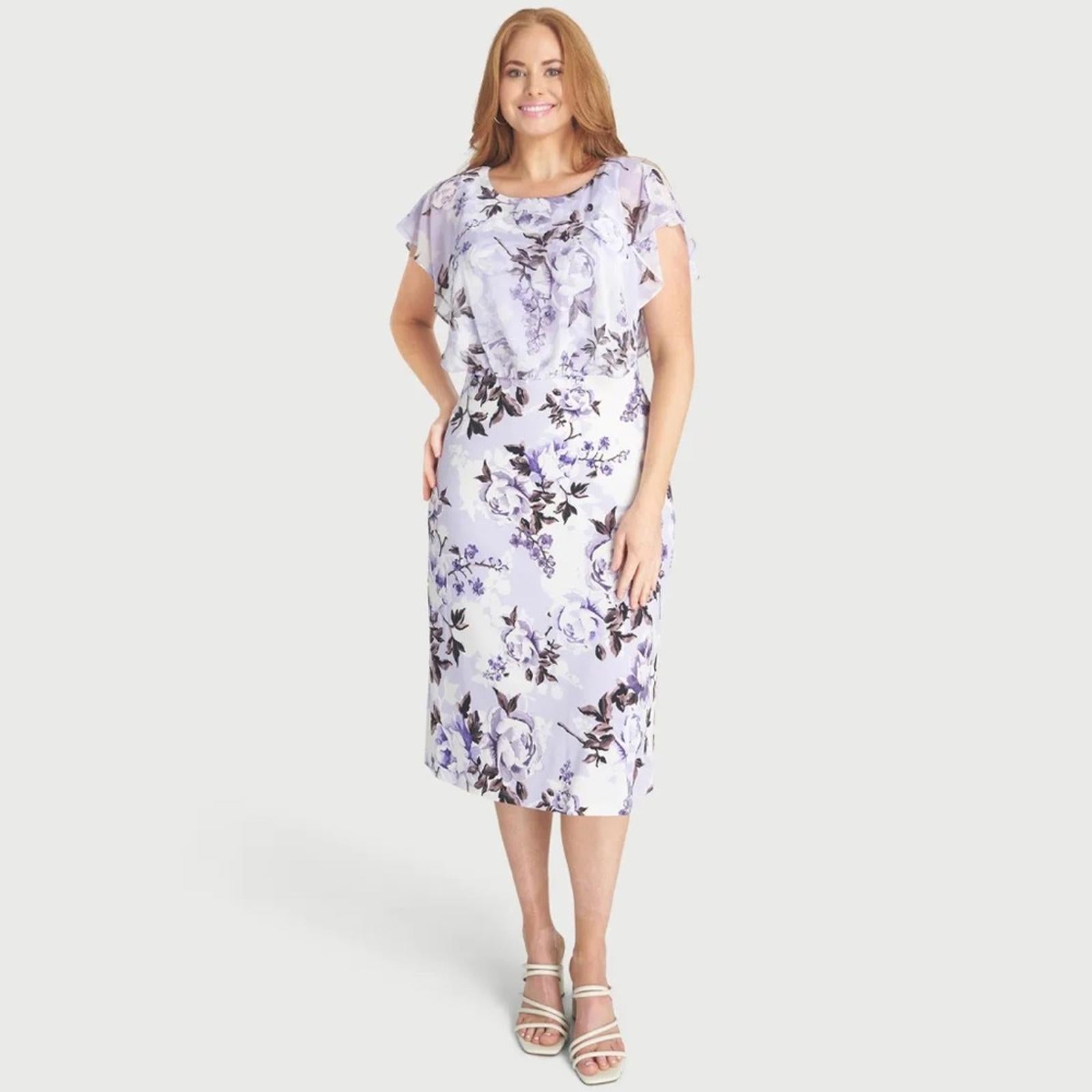 Connected Apparel Daphne Lavender Floral Chiffon Popover Dress, Petite Size 14