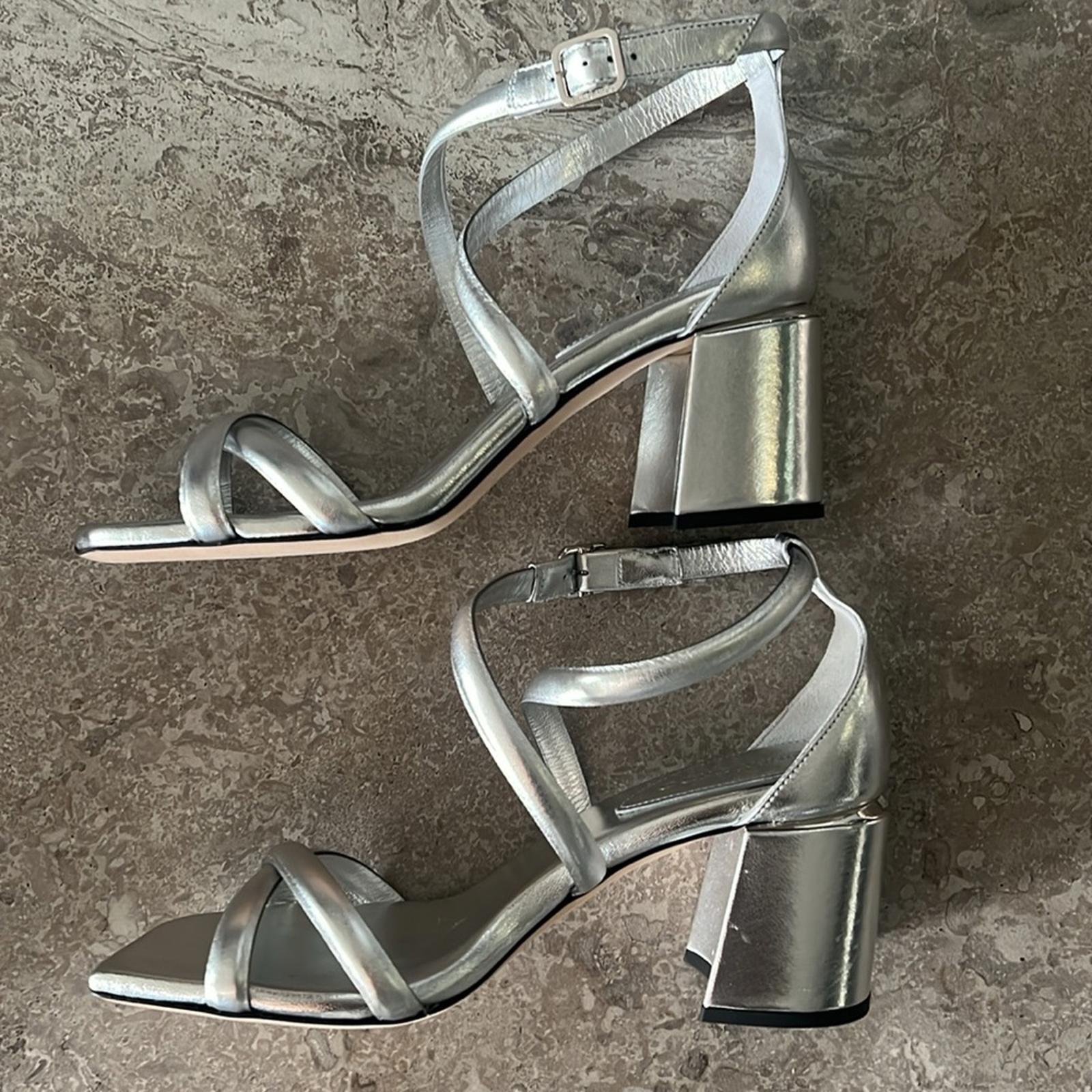 Jimmy Choo Rheea 65 Block Heel Sandals in Silver, Size 36 New in Box w/DustBag