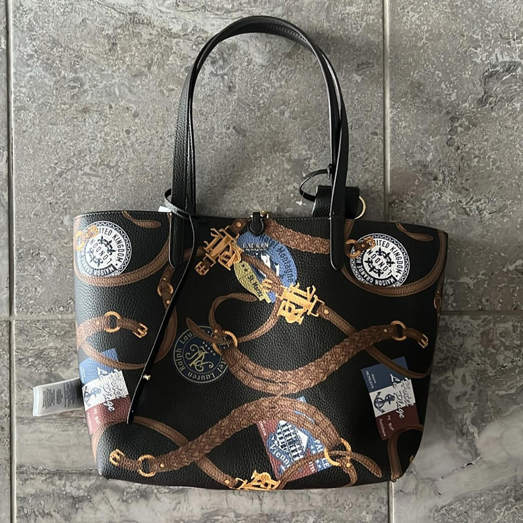 Lauren Ralph Lauren Large Reversible Tote Bag in Dark Olive/Belting Print, NWT