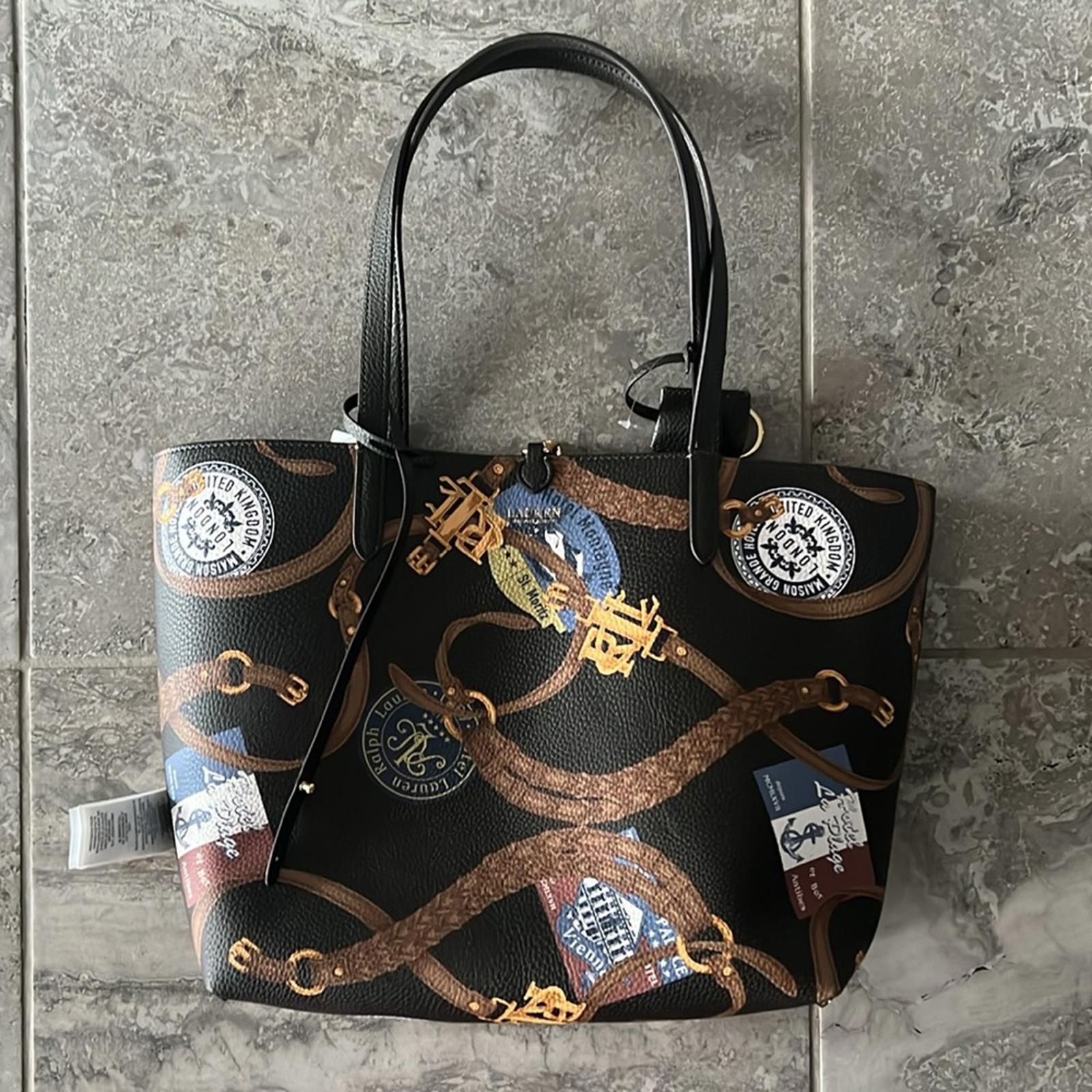 Lauren Ralph Lauren Large Reversible Tote Bag in Dark Olive/Belting Print, NWT