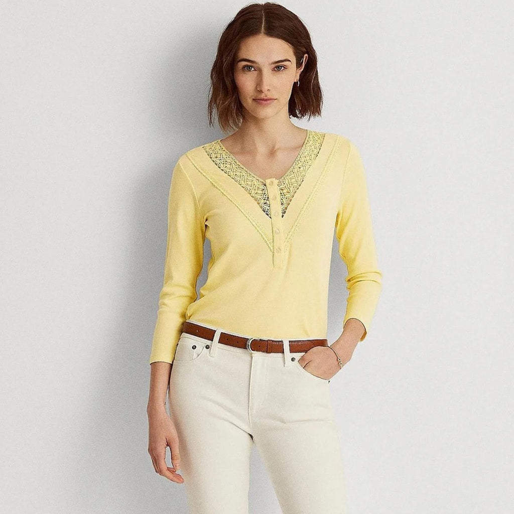 Ralph Lauren Lace-Trim Henley Top, Yellow Bloom Size XXL New w/Tag