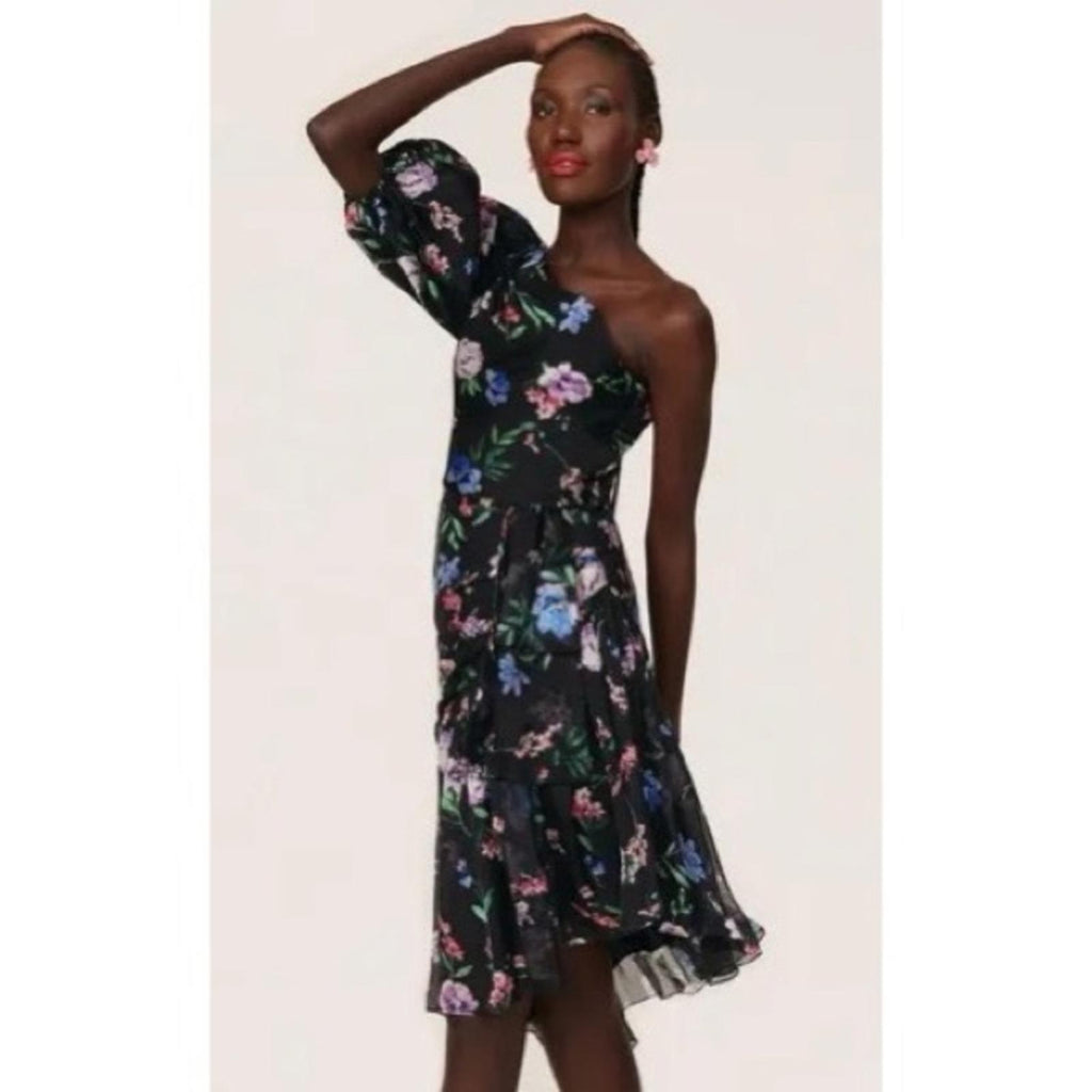 Shoshanna Midnight Gia One Shoulder Silk Floral Dress, Black Size 8 Retail $595