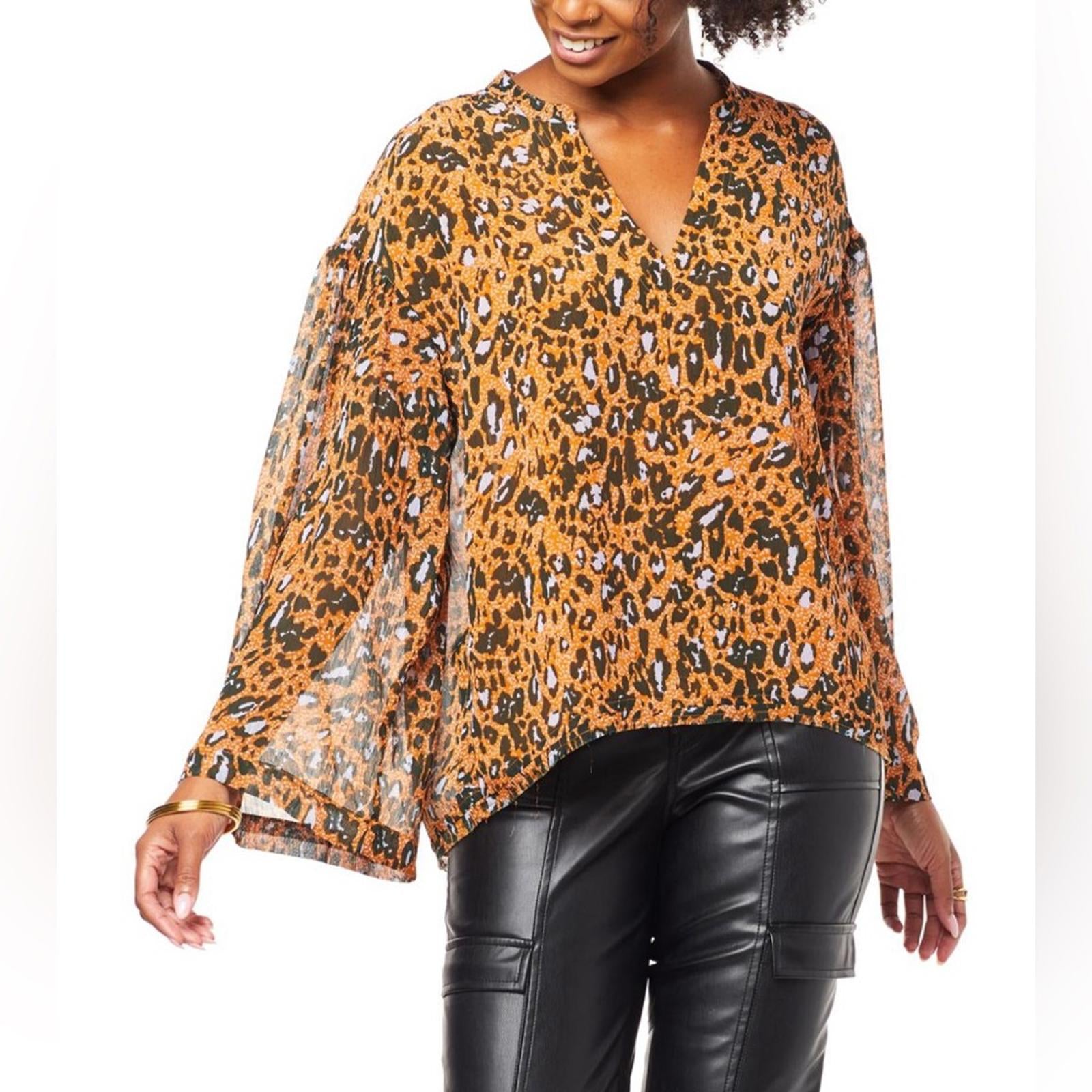 Jessica Simpson Jenna Crinkled Chiffon Blouse in Speckled Cheetah, Size XL, NWT