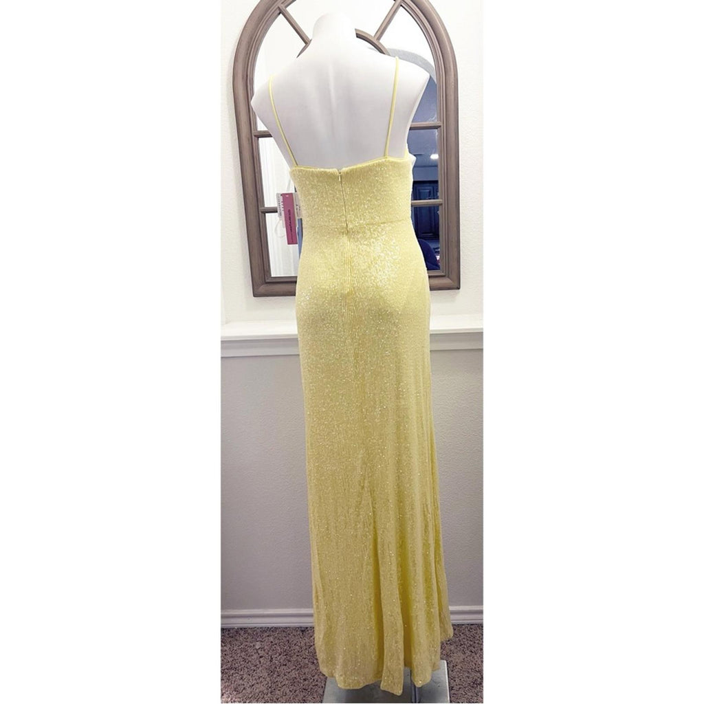 Bloomingdale’s Aqua Cutout Waist Sequin Column Gown in Yellow, Size 8 NEW $308