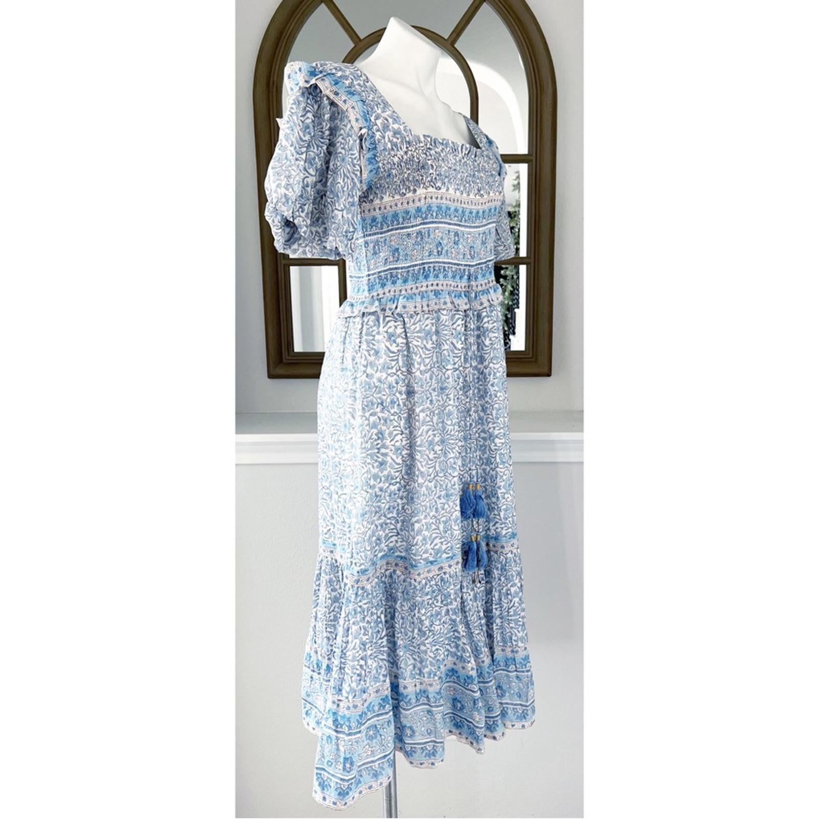 Bell Ashley Ruffled Puff Sleeve Midi Dress in Blue White, Size XL New w/Tag $408