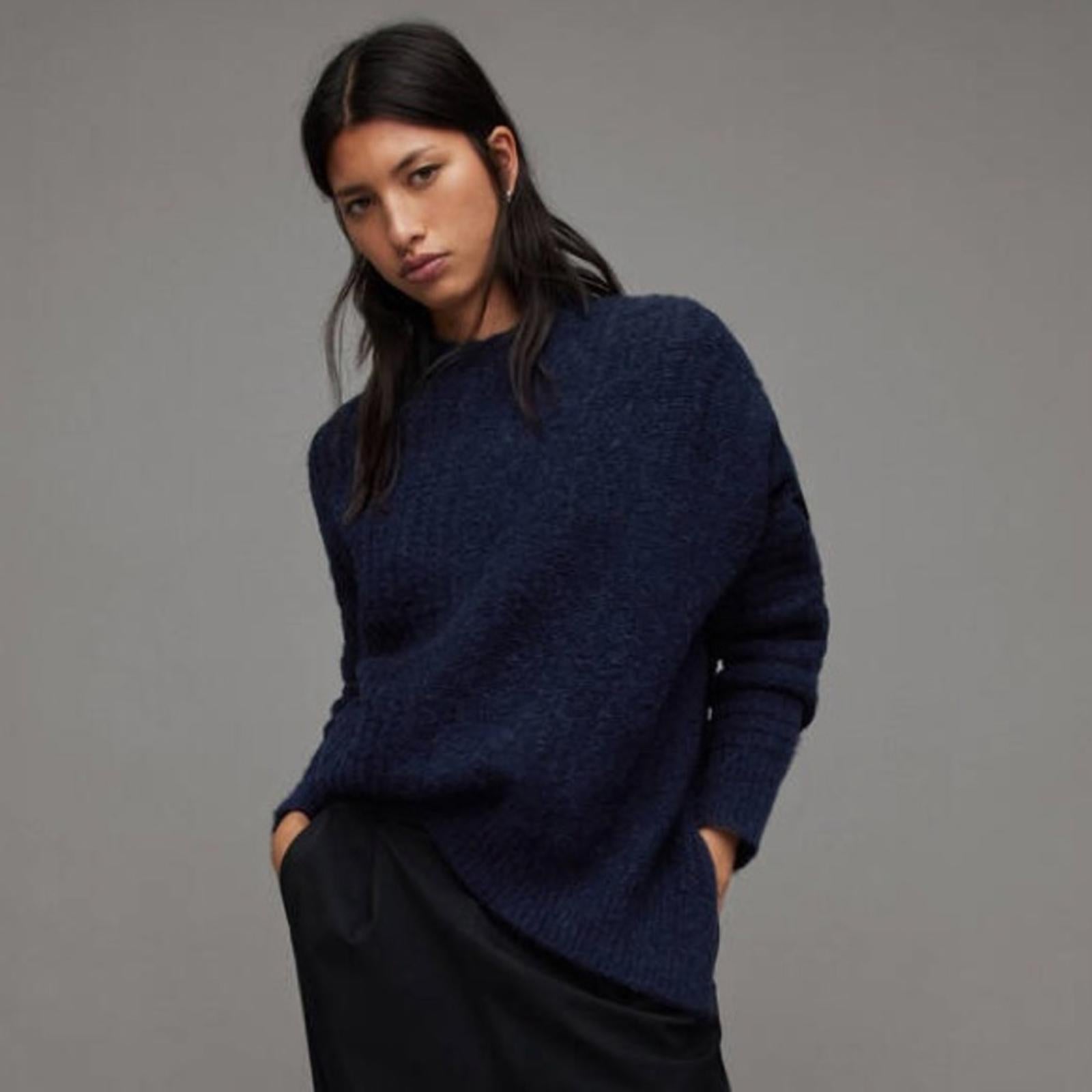 All Saints Selena Mixed Stitch Asymmetric Sweater Midnight Blue Size S New w/Tag