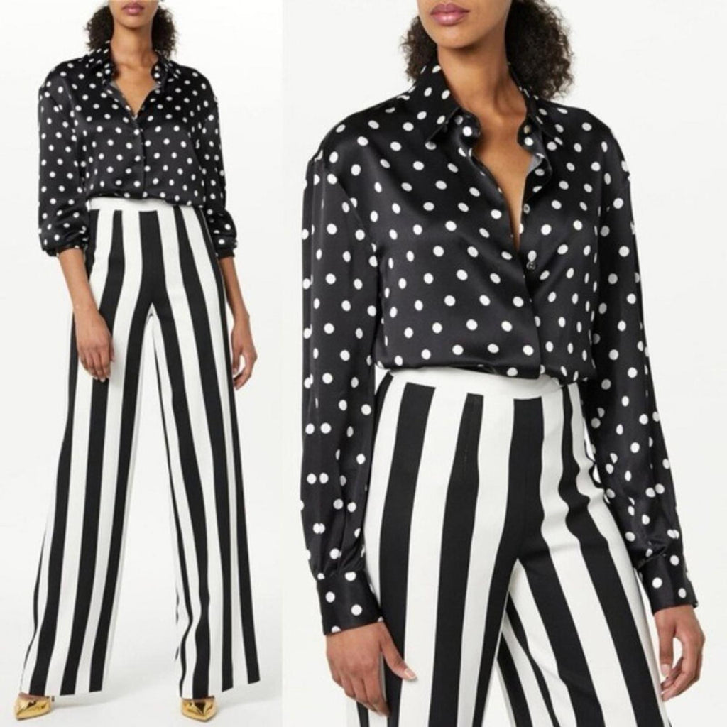 Sergio Hudson Polka Dot Silk Charmeuse Button-Up Blouse, Black/White XS NWT $795