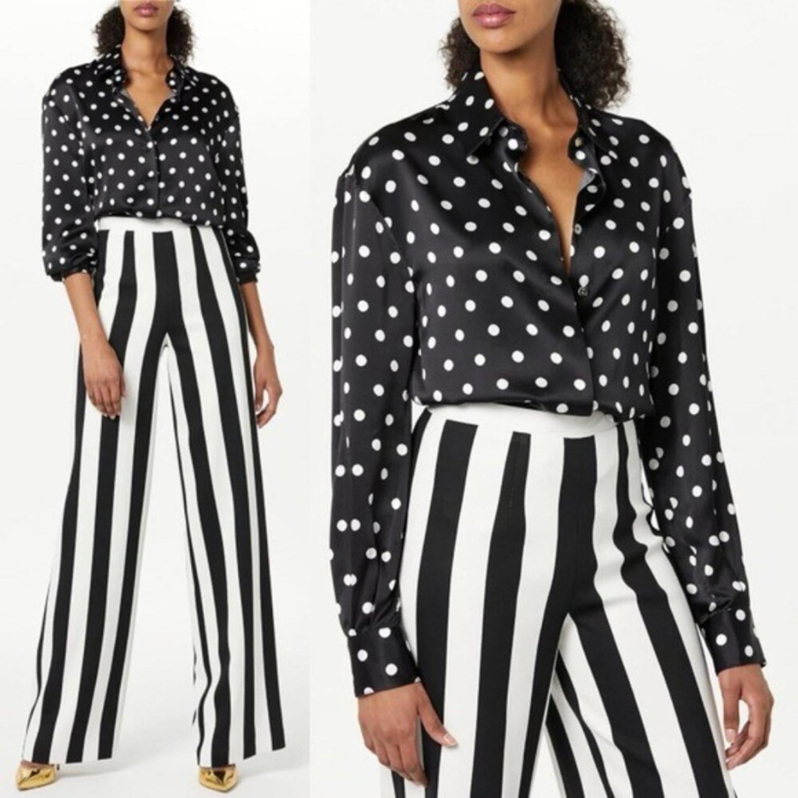 Sergio Hudson Polka Dot Silk Charmeuse Button-Up Blouse, Black/White XS NWT $795