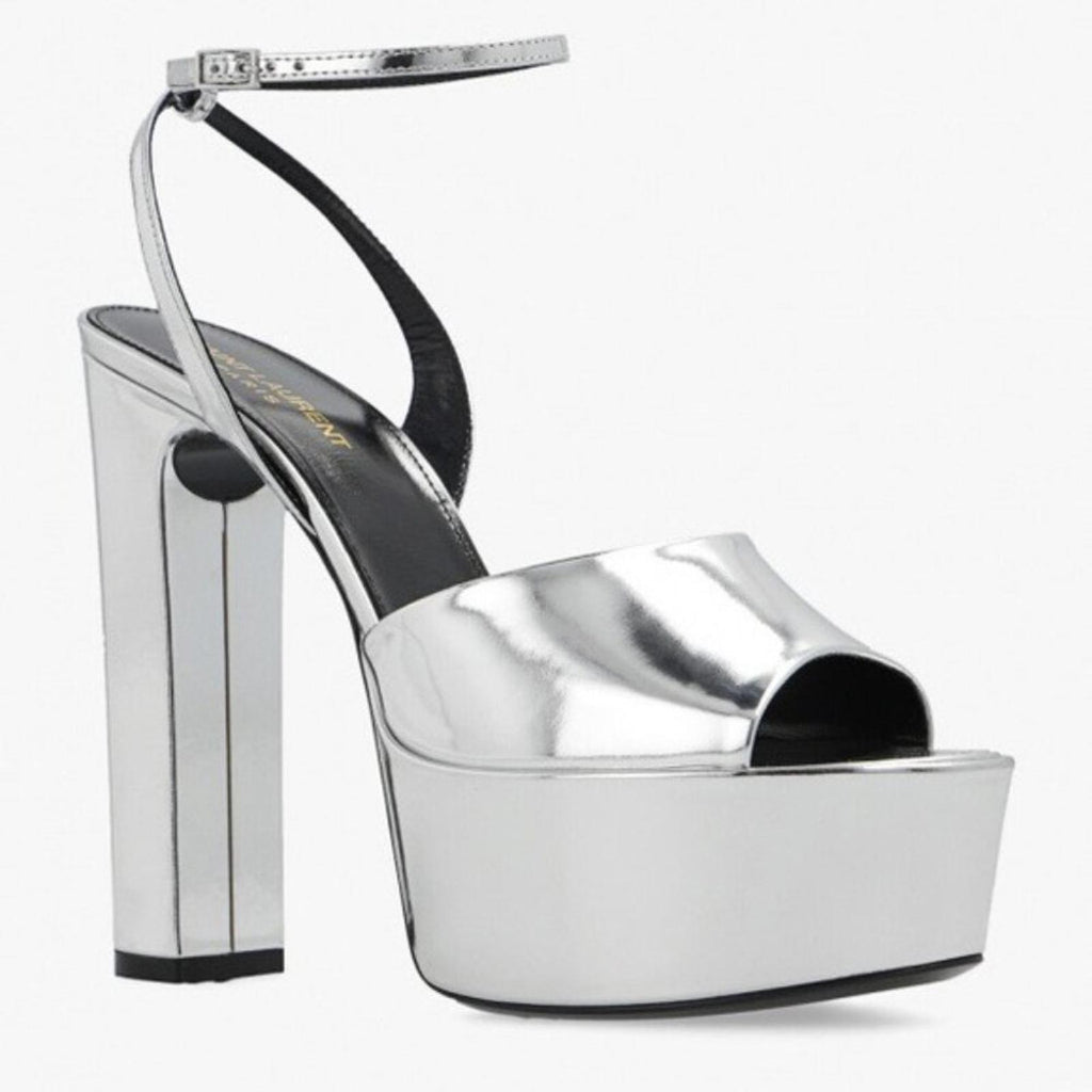 Saint Laurent Jodie Platform Sandals in Metallic Silver, Size 41 NEW +2 DustBags