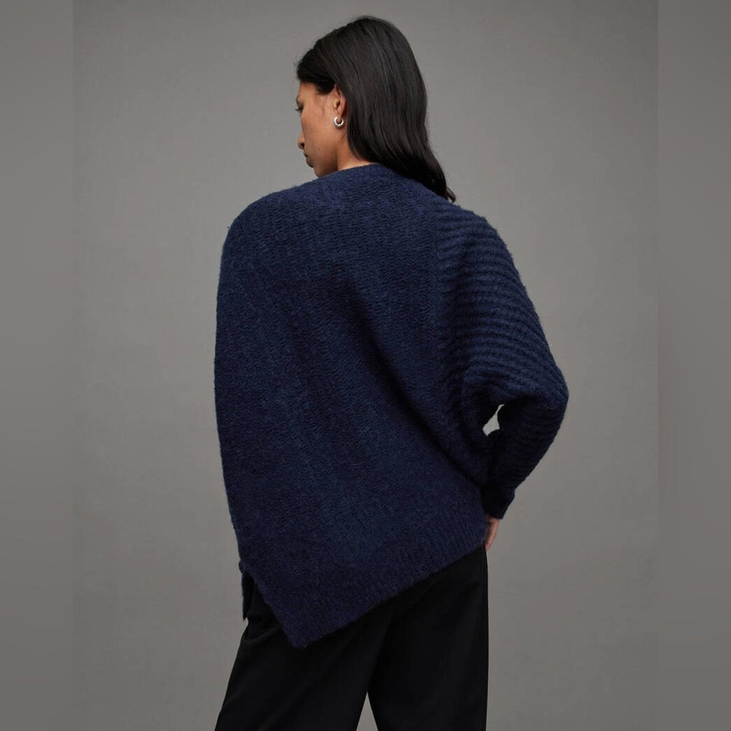 All Saints Selena Mixed Stitch Asymmetric Sweater Midnight Blue Size S New w/Tag