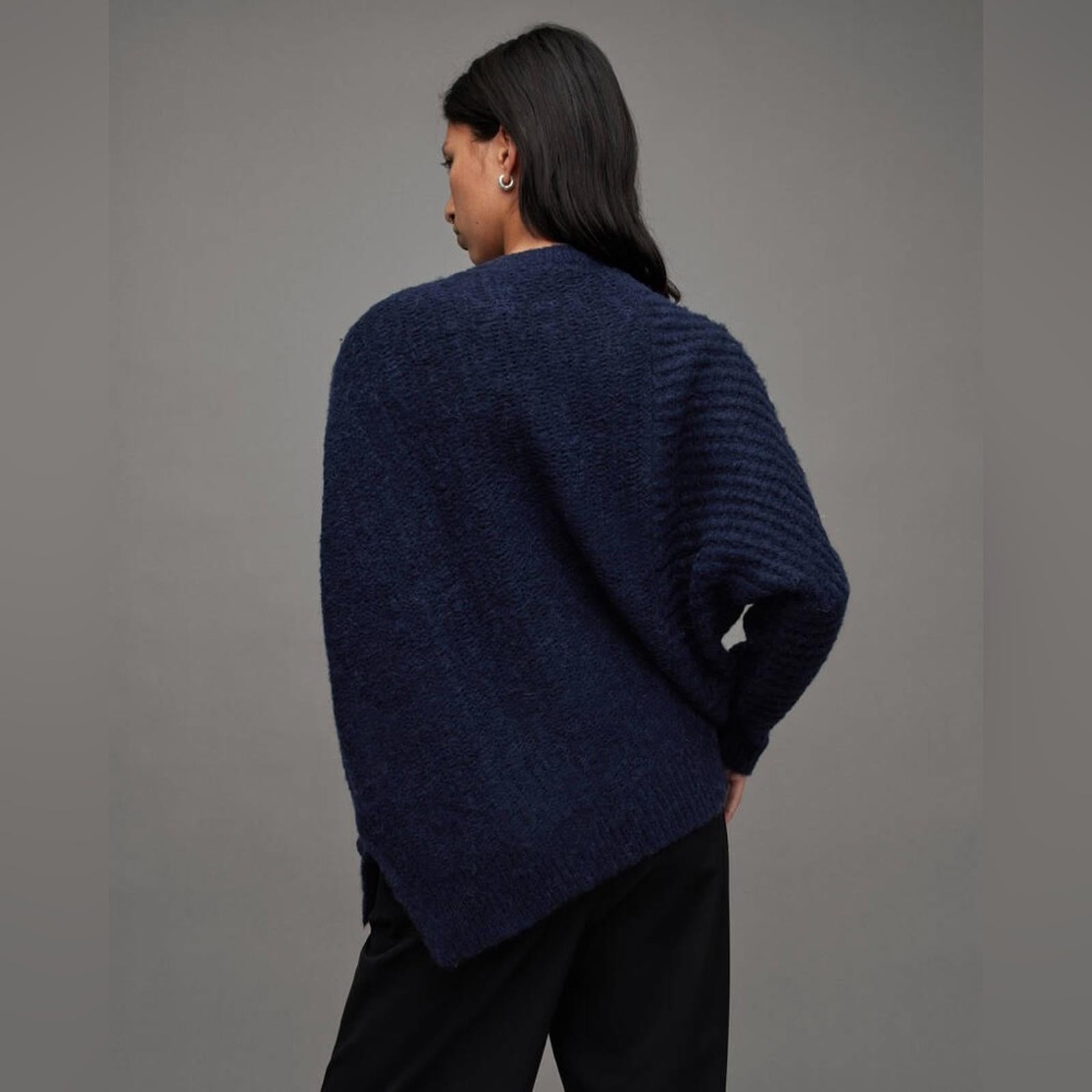 All Saints Selena Mixed Stitch Asymmetric Sweater Midnight Blue Size S New w/Tag