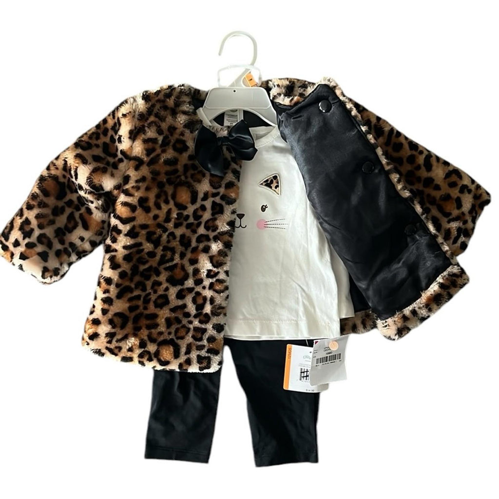 Little Me Baby 3-Pc Leopard-Print Faux-Fur Jacket, Top & Leggings Set Sz 12 Mos