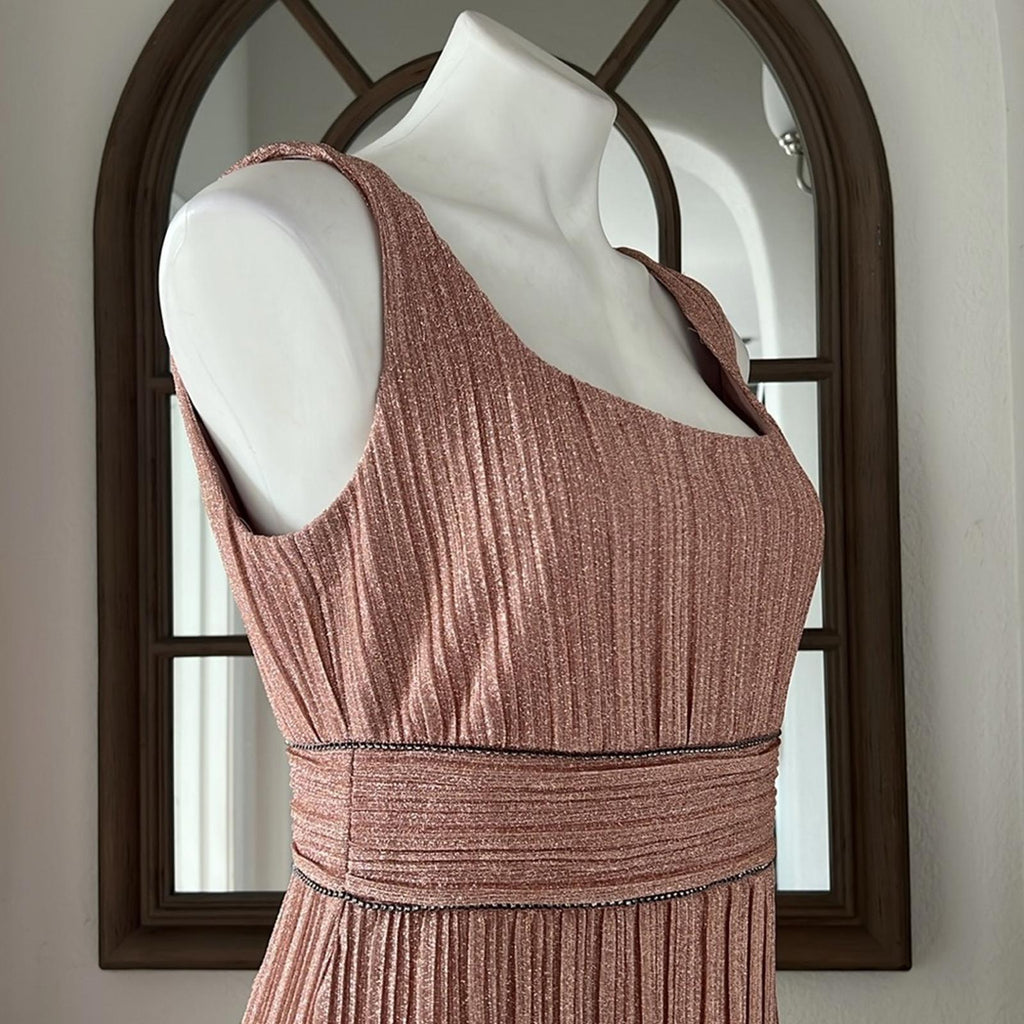 Adrianna Papell Metallic Pleated Long Gown in Rose, Size 8 NEW w/Tag $229