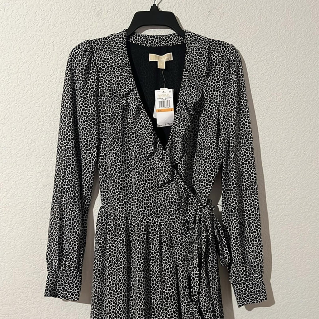 Michael Kors Sheer Tie Ruffled Printed Wrap Dress in Black/White, NWT, Size S