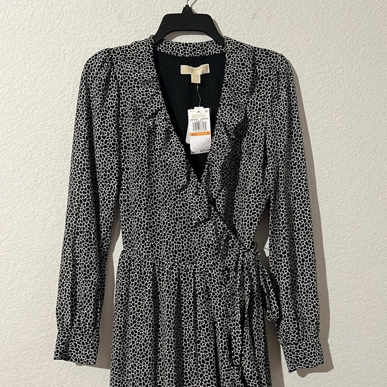 Michael Kors Sheer Tie Ruffled Printed Wrap Dress in Black/White, NWT, Size S