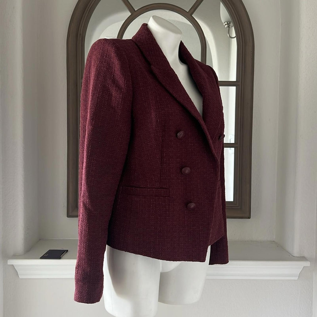 ELIE TAHARI Double Breasted Tweed Blazer in Burgundy, Size L Retail $495