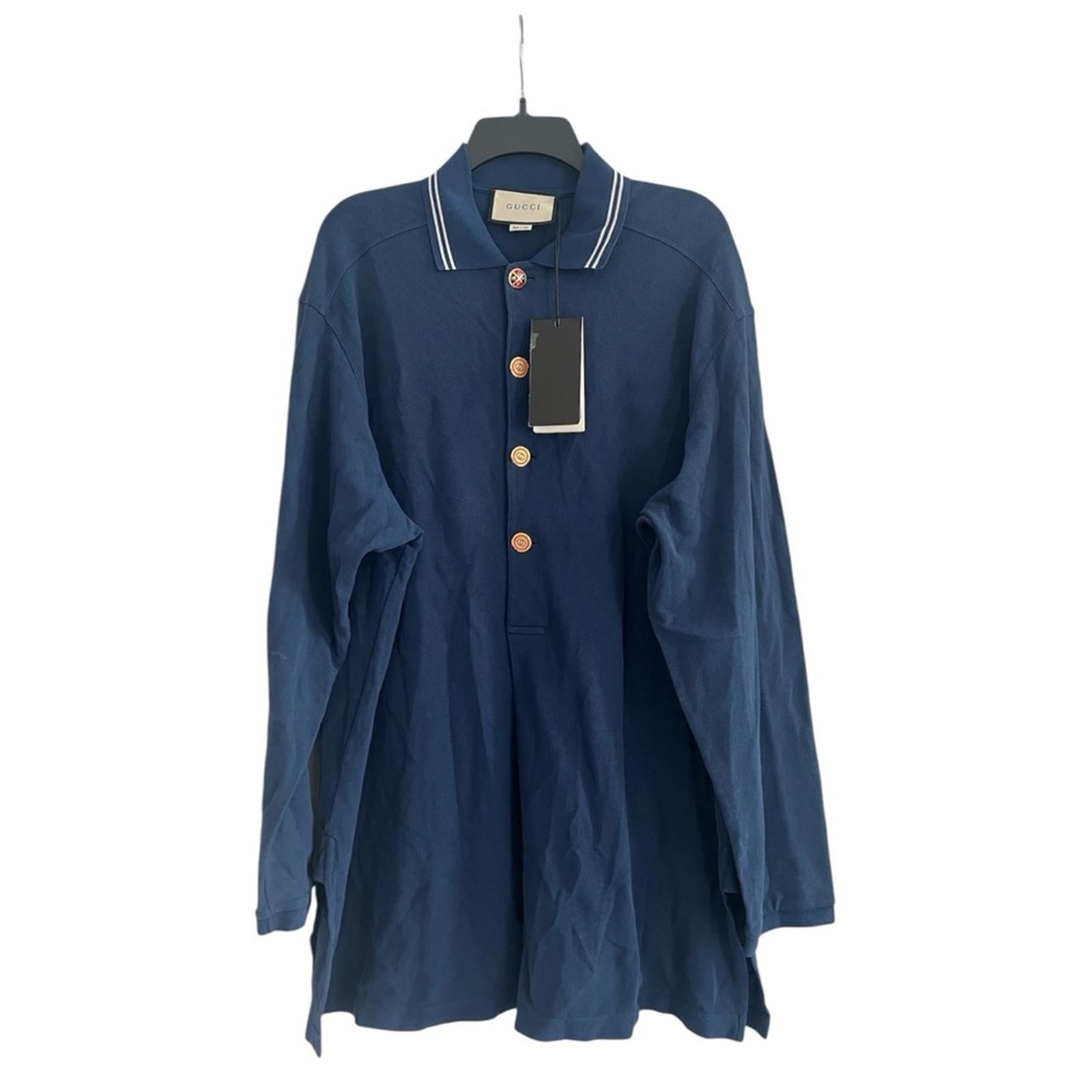 Gucci SS21 Long Sleeves Polo Heavy Cotton Jersey Shirt in Autumn Blue NWT $1,200